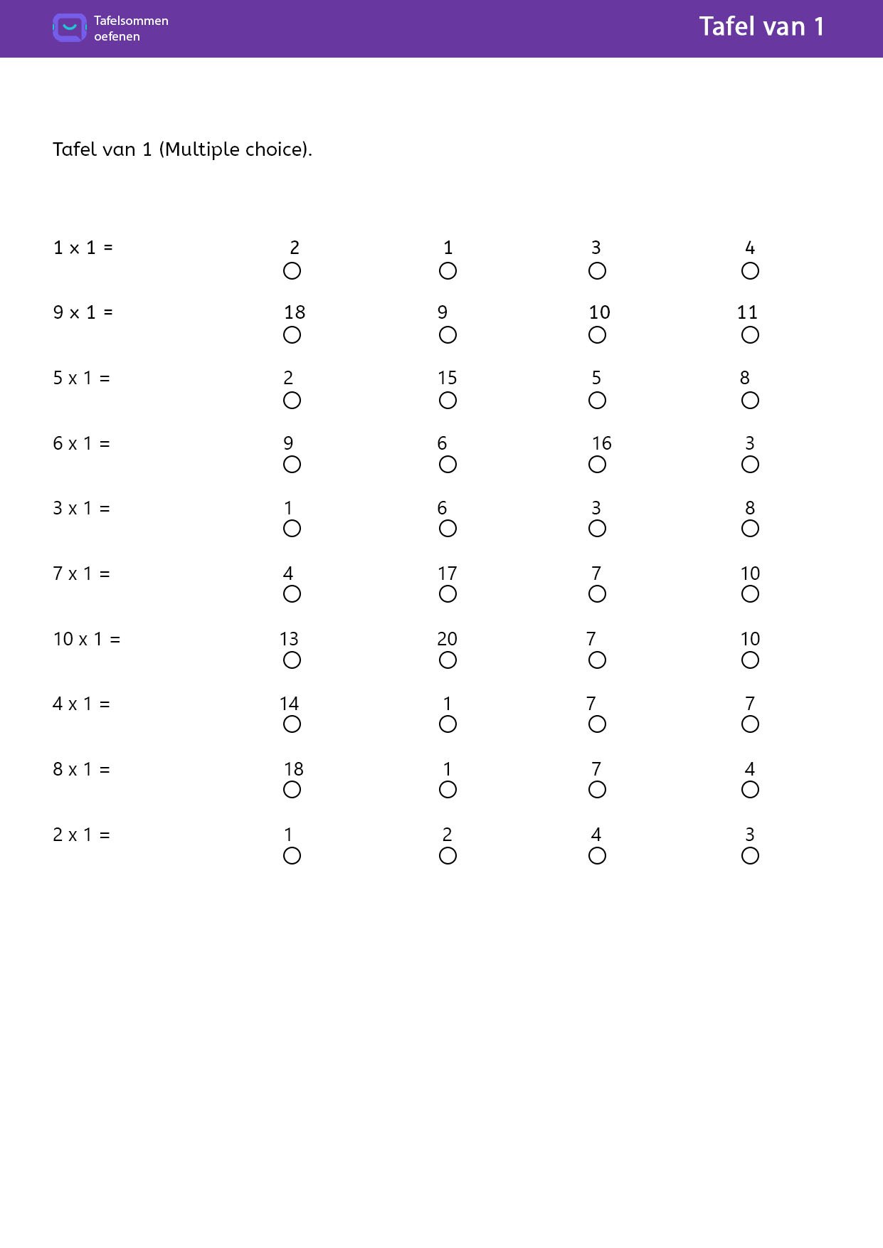Tafel van 1 Multiple choice