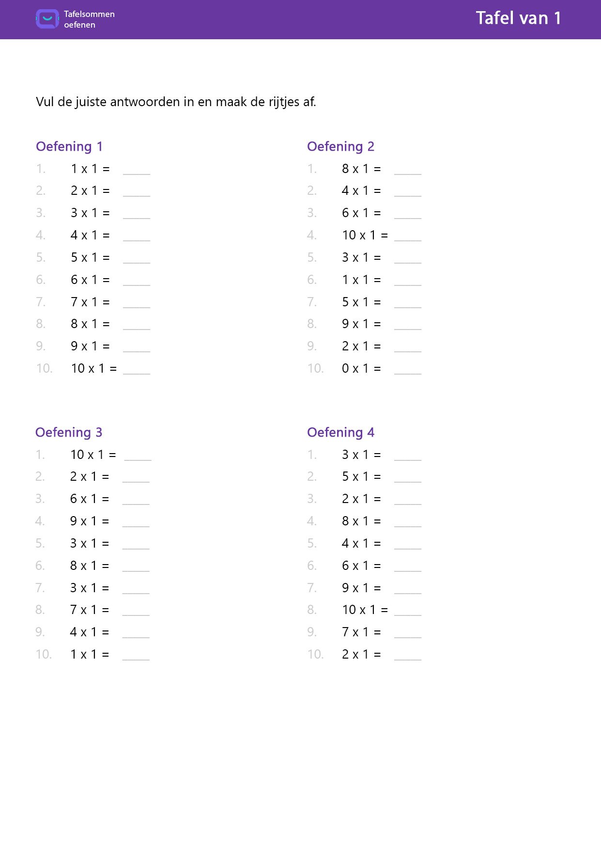 Tafel van 1 Uitkomst invullen (4 opdrachten)
