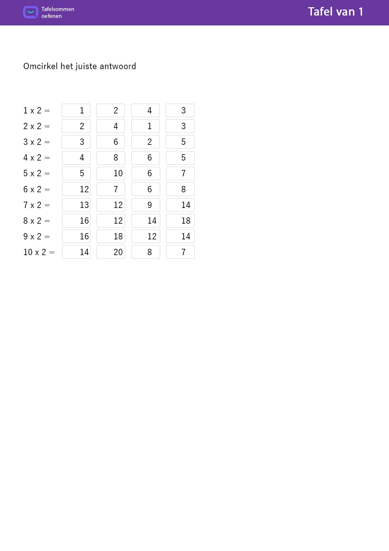 Tafel van 2 Omcirkel het juiste antwoord