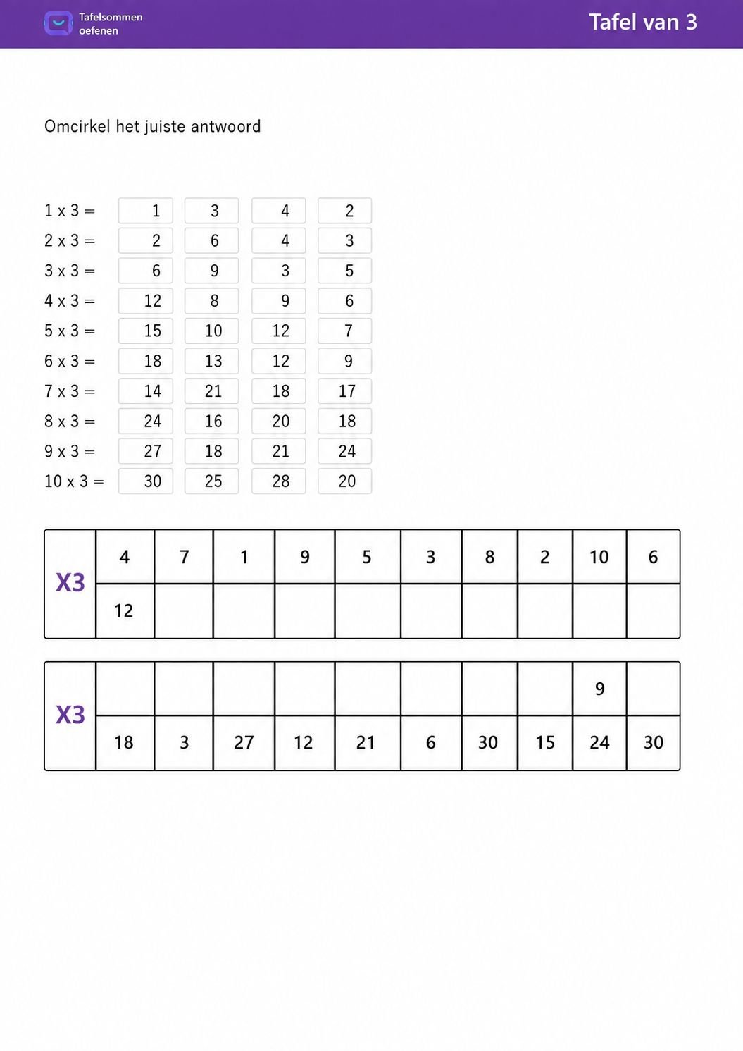 Tafel van 3 Omcirkel het juiste antwoord