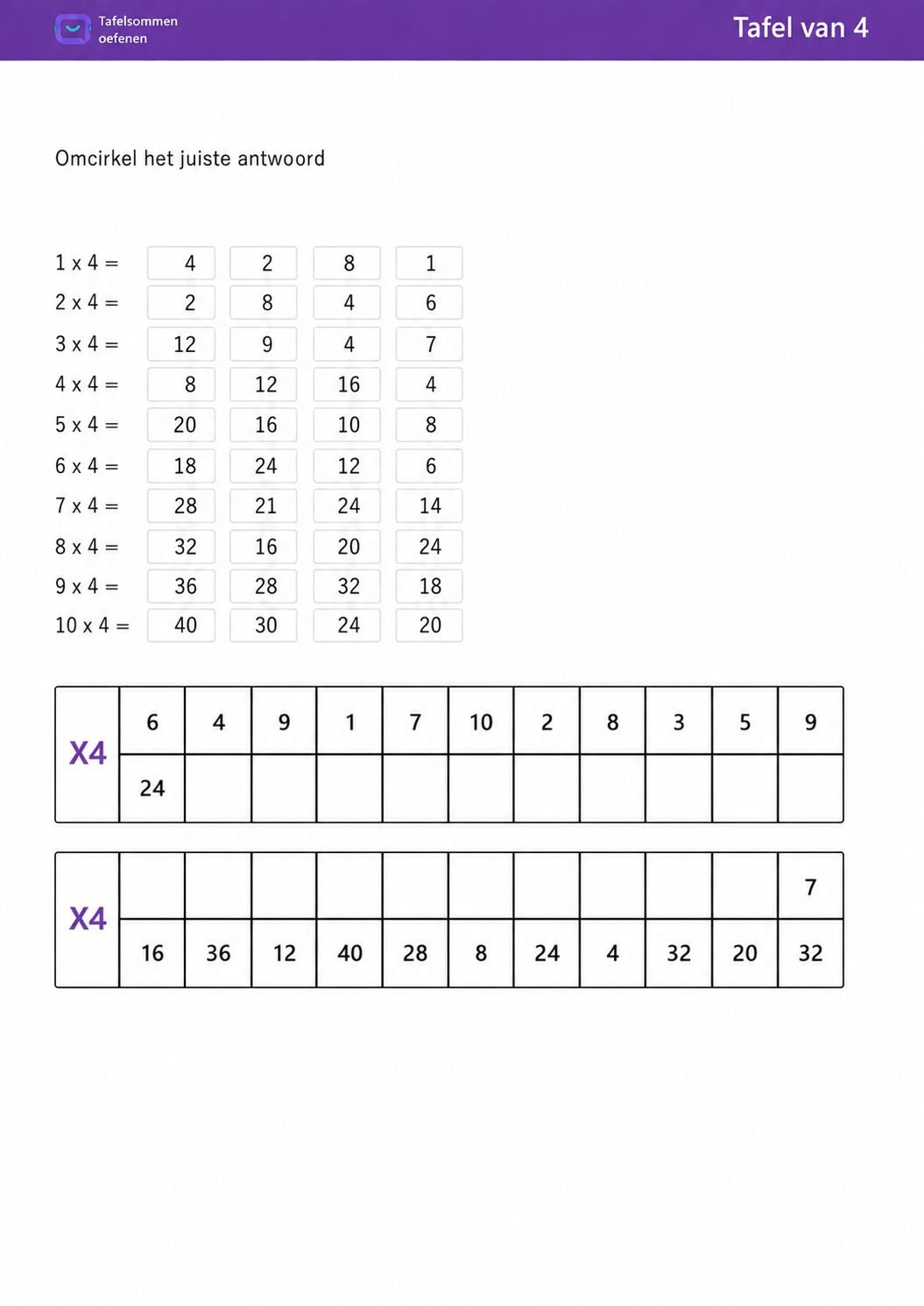 Tafel van 3 Omcirkel het juiste antwoord