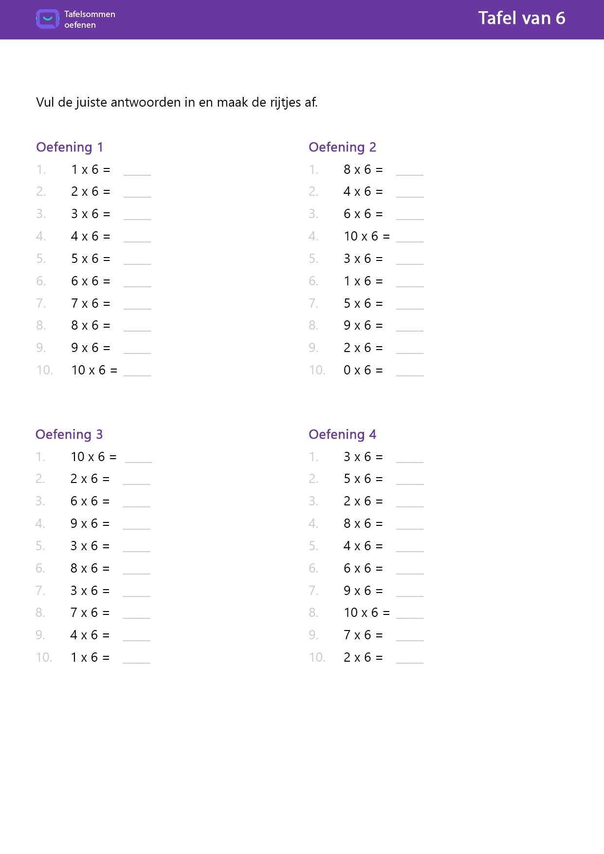 Tafel van 6 Uitkomst invullen (40 sommen)