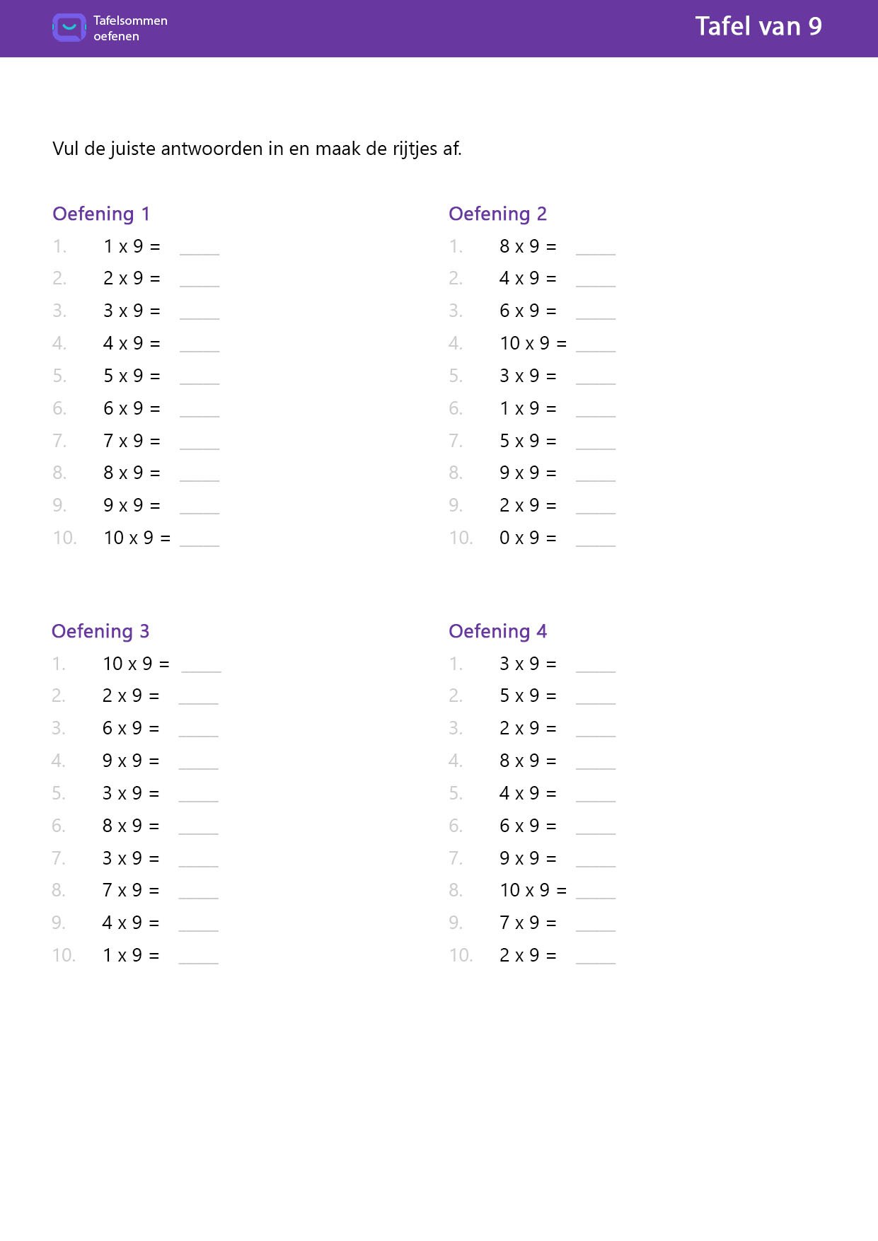 Tafel van 9 Uitkomst invullen (40 sommen)